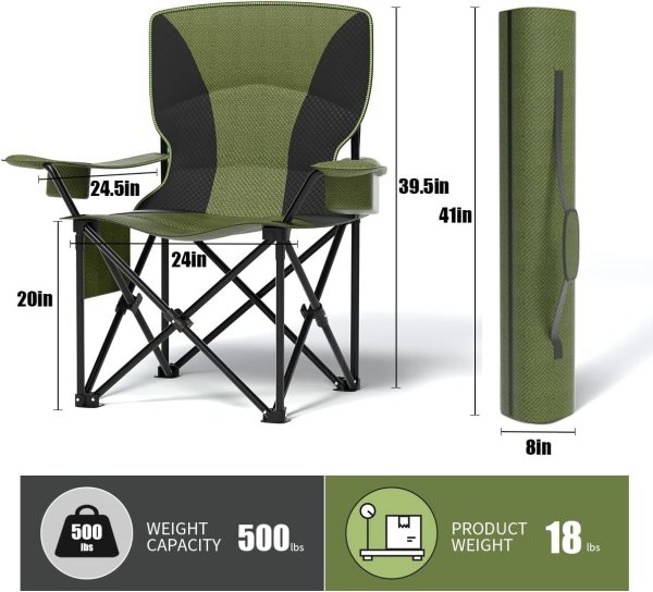 Heavy Duty Folding Chair 500LB Capacity, Oversized Camping Chairs with Cup Holder, Cooler Bag & Storage Pouch, Double-Layer Fabric, Outdoor Chairs for Sports, Lawn Chairs (2, Black Green, Extra Large) - Image 2