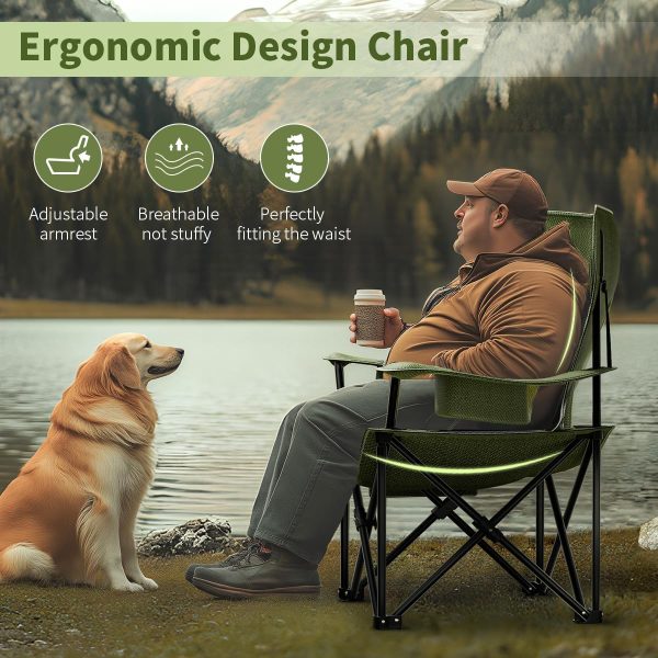 Heavy Duty Folding Chair 500LB Capacity, Oversized Camping Chairs with Cup Holder, Cooler Bag & Storage Pouch, Double-Layer Fabric, Outdoor Chairs for Sports, Lawn Chairs (2, Black Green, Extra Large) - Image 3