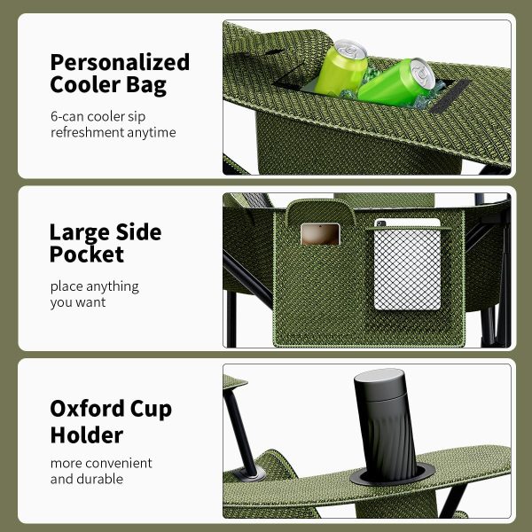 Heavy Duty Folding Chair 500LB Capacity, Oversized Camping Chairs with Cup Holder, Cooler Bag & Storage Pouch, Double-Layer Fabric, Outdoor Chairs for Sports, Lawn Chairs (2, Black Green, Extra Large) - Image 4