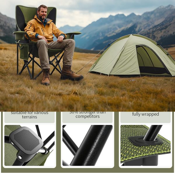 Heavy Duty Folding Chair 500LB Capacity, Oversized Camping Chairs with Cup Holder, Cooler Bag & Storage Pouch, Double-Layer Fabric, Outdoor Chairs for Sports, Lawn Chairs (2, Black Green, Extra Large) - Image 7