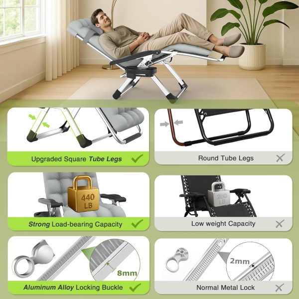 Suteck Zero Gravity Chair, Reclining Camping Lounge Chair w/Removable Cushion, Upgraded Lock and Cup Holder, Reclining Patio Chairs Folding Recliner for Indoor and Outdoor - Image 8