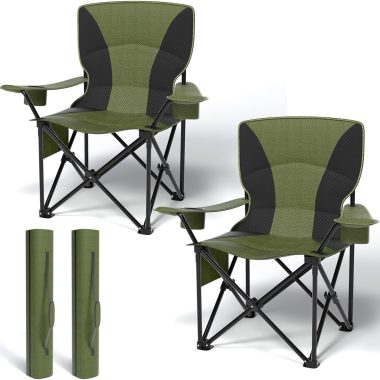 Heavy Duty Folding Chair 500LB Capacity, Oversized Camping Chairs with Cup Holder, Cooler Bag & Storage Pouch, Double-Layer Fabric, Outdoor Chairs for Sports, Lawn Chairs (2, Black Green, Extra Large)